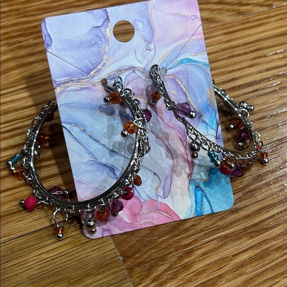 Silver Hoop Earrings multicolor Pink Amber purple Beads new pierced ears